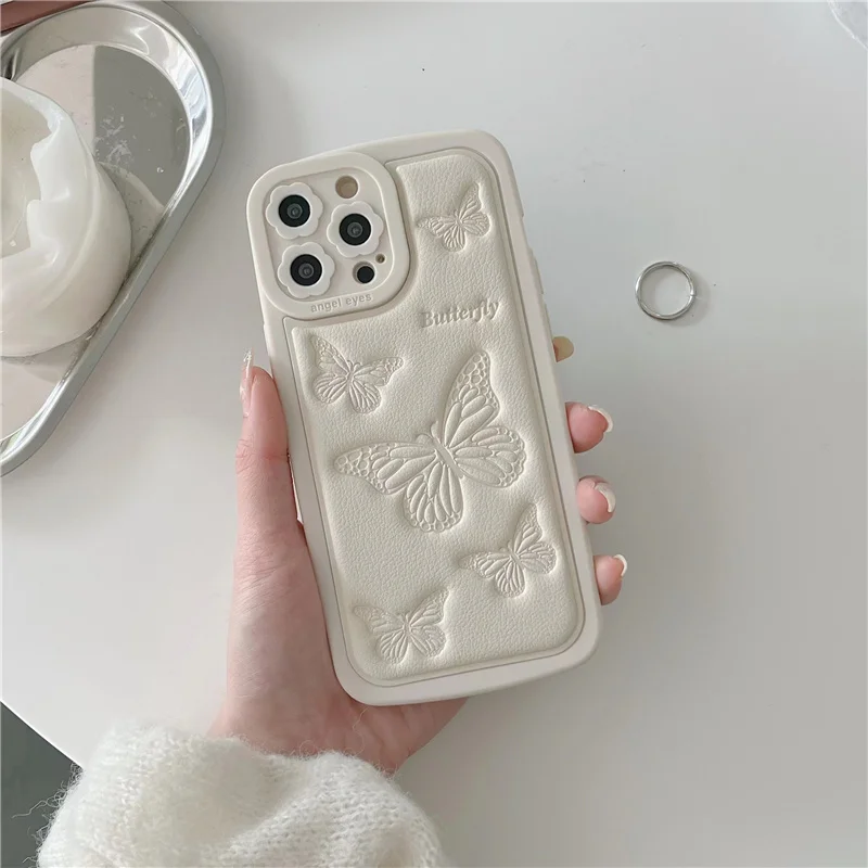 

Butterfly Floral Lens Cover for iPhone 13 Pro Max XR X XS 7 8 Plus Silicone Relief Leather Phone Case for iPhone 11 12 Pro Max