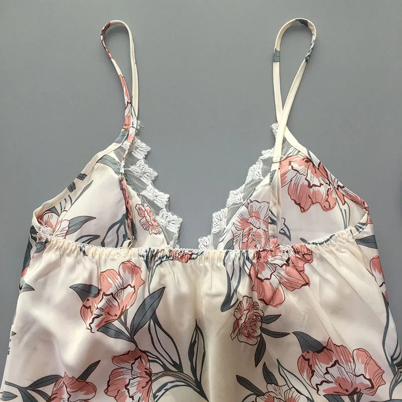 Women Satin Silk Sleep Dress Floral Printed Sling Backless Dress Pajamas