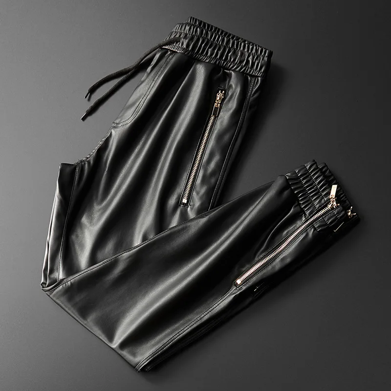 Thoshine Brand Men Leather Pants Superior Quality Elastic Waist Jogger Pants PU Leather Motorcycle Trousers Harem Pants Pockets