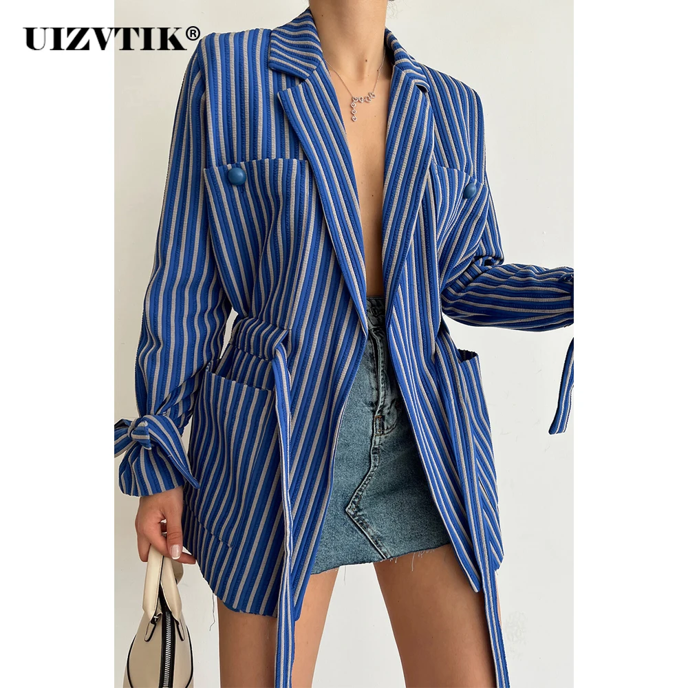 

2022 Long Jacket Female Autumn Casual Loose Striped Coat Women Oversized Fashion Outerwear With Belt Pocket Spring Trench Coats