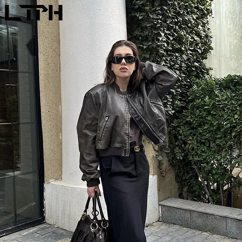 LTPH faux leather jacket women vintage zipper stand-up collar long sleeve coats streetwear casual jackets 2023 summer new
