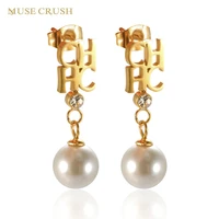 muse crush stainless steel gold color plated hollow letter white pearl crystal drop earrings for women girl party jewelry gift