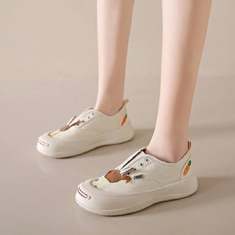2023 new korean rabbit canvas shoes women's chunky platform trainers summer slip on sneaker woman designer preppy shoes loafers
