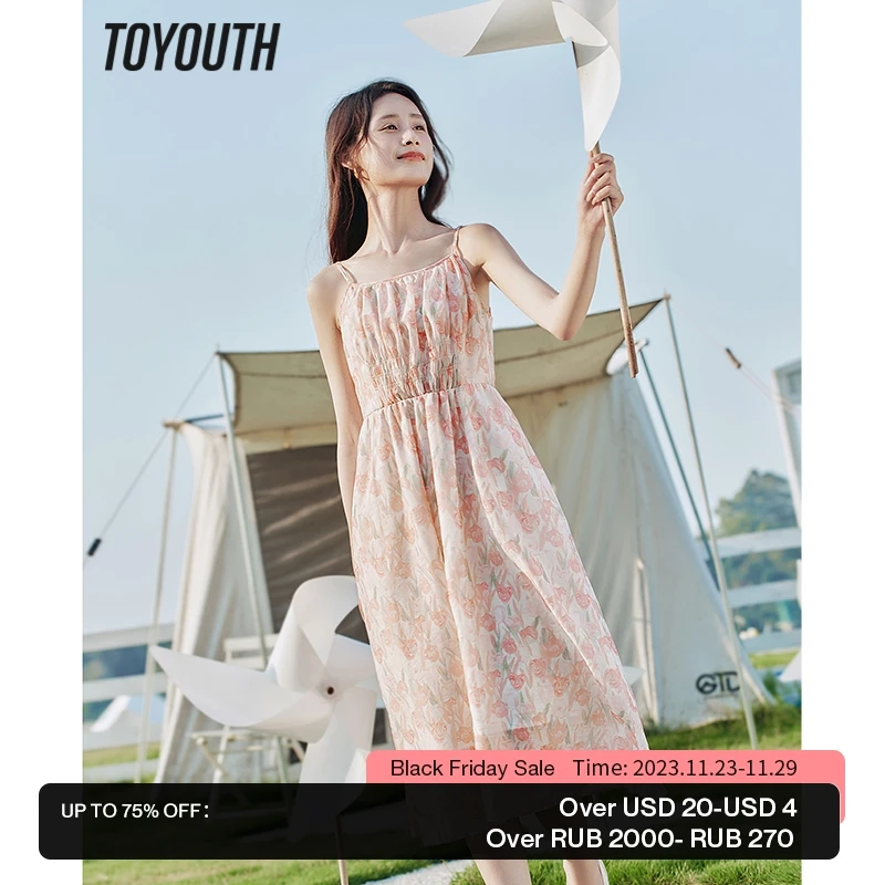 

Toyouth Women Suspended Dress 2023 Summer Sleeveless A-shaped Loose Oil Floral Print Pleated Design Fashion Daily Holiday Skirt