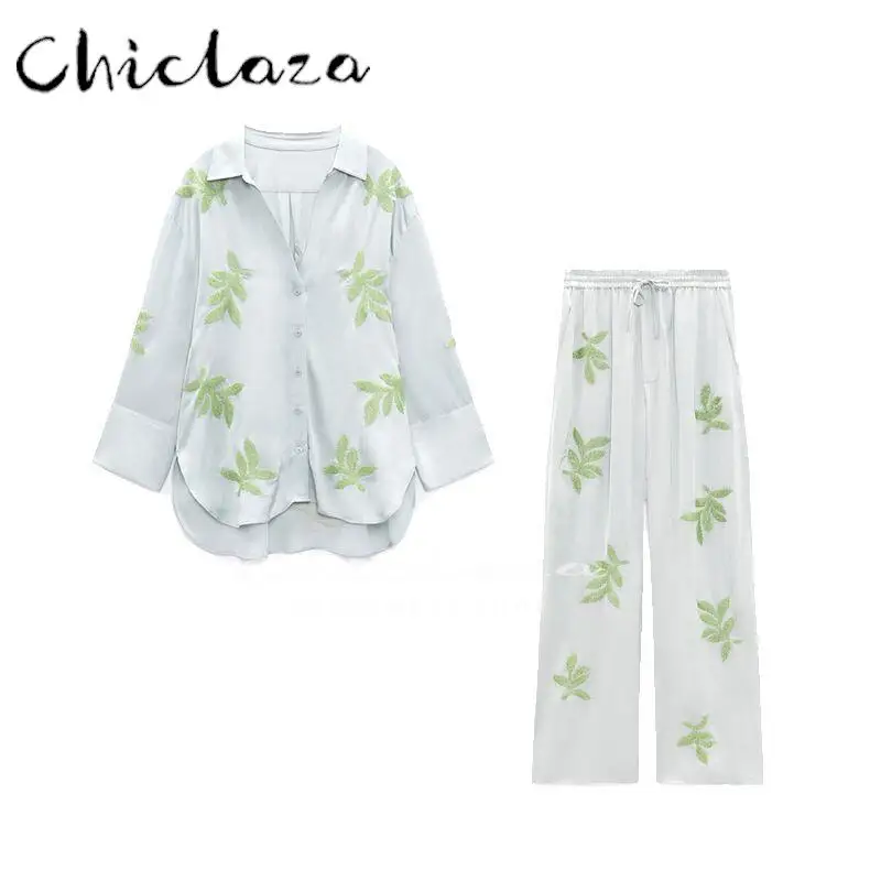 

CHICLAZA 2022 Spring Autumn Women Fashion Embroidery Satin Loose Shirt + Elastic Waist Pants Suit Female 2 Piece Set Ladies