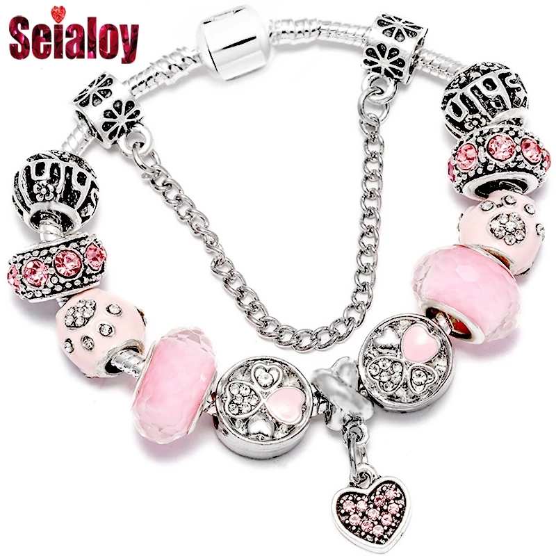 Seialoy модные браслеты с розовым кристаллом в форме сердца для женщин и мужчин