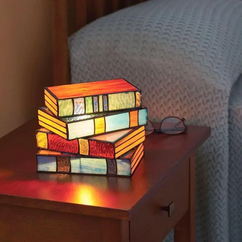 

Stained Glass Stacked Books Lamp Novelty Lighting Book Stacking Lantern Colored Led Book Light Night Light Desk Light
