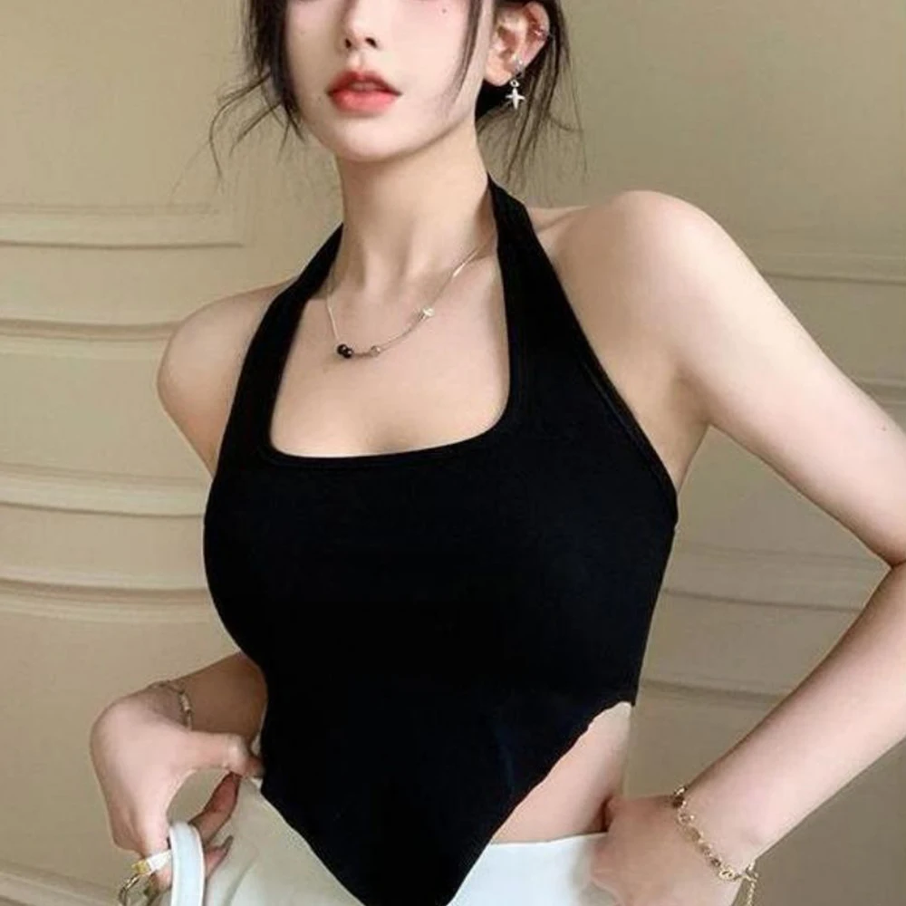 

Tight Sleeveless Wrap Over Halterneck Crop Top Open Back Vest Ladies Shirt