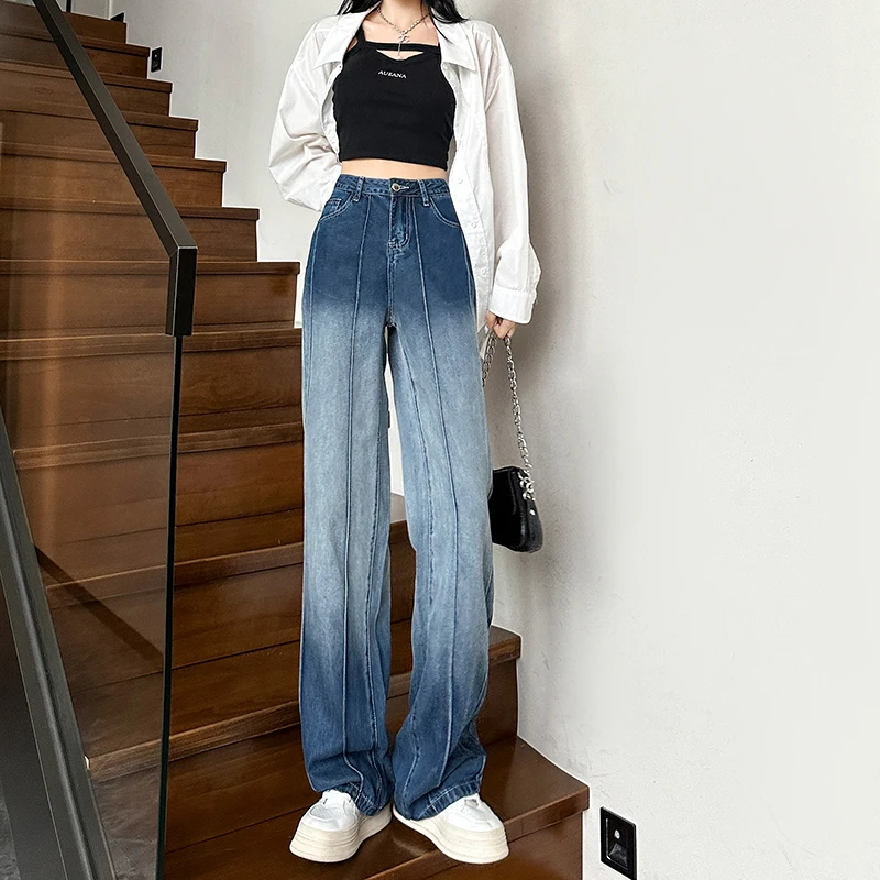 Real time High Waist Super Soft Gradient Tencel Wide Leg Jeans Women's Pants Blue Summer New Straight Loose Sweeping Floor Pants