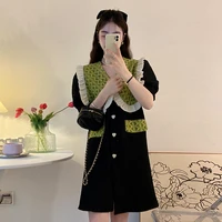 e girls wome doll collar puff sleeve color contrast dress 2022 summer french chic loose waist short dresses single breasted