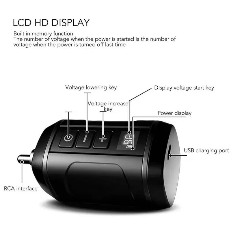 Portable RCA Tattoo Power Supply LCD Display Pen Motor Machine Universal Wireless Charging Battery 1800mAh