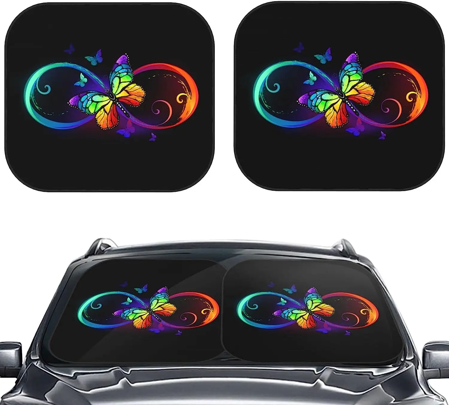 

Rainbow Butterfly on Black Car Windshield Sun Shade Auto Foldable 2pcs Window Sunshades for Most Windshield Sun Visor Protector