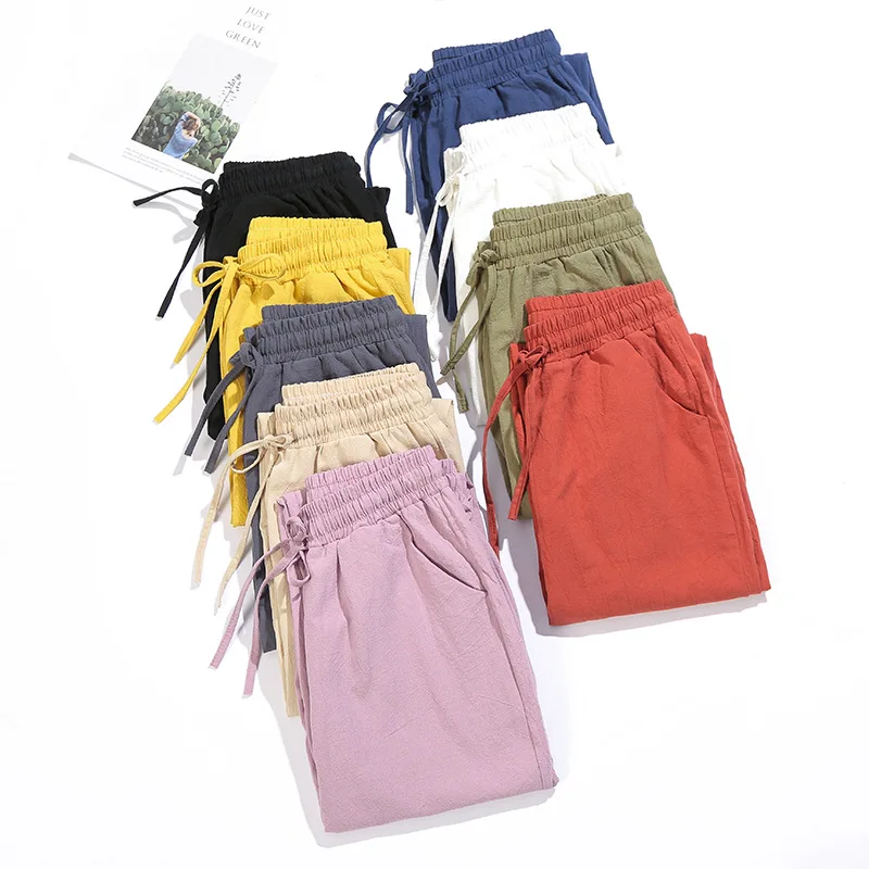 

Women Pants Spring Autumn Ankle Length Casual Straight Pencil Solid Elastic Waist Harem Girls Pants Thin Cotton Linen Trousers