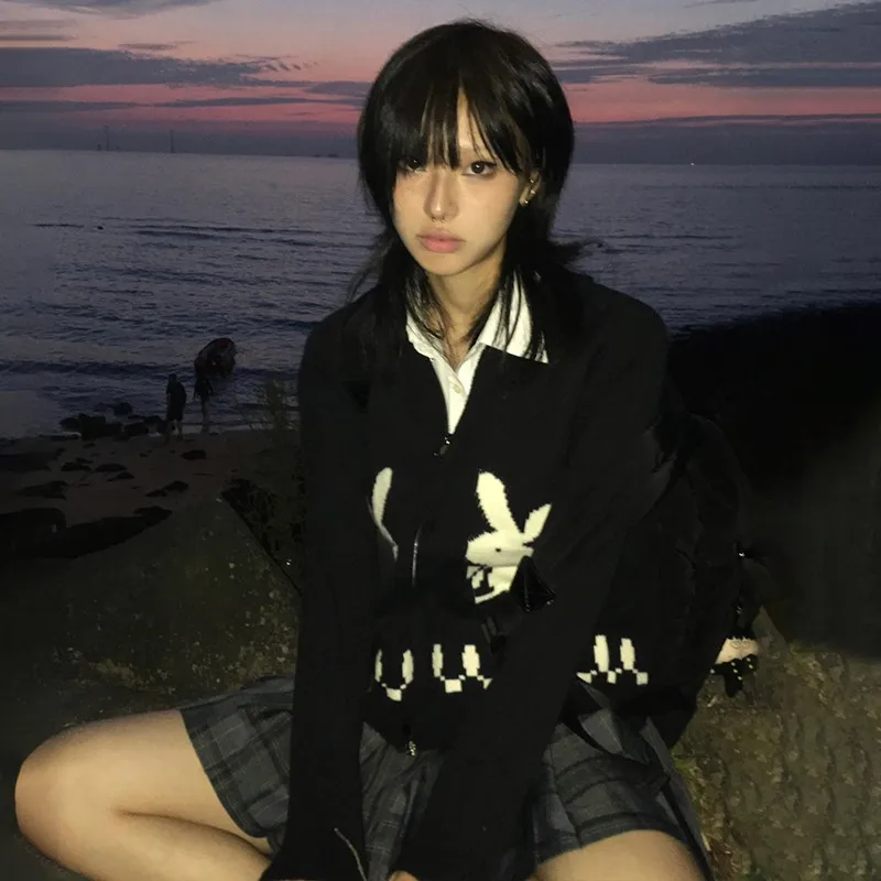 Женский вязаный кардиган на молнии с вышивкой кролика Harajuku 2000-х годов