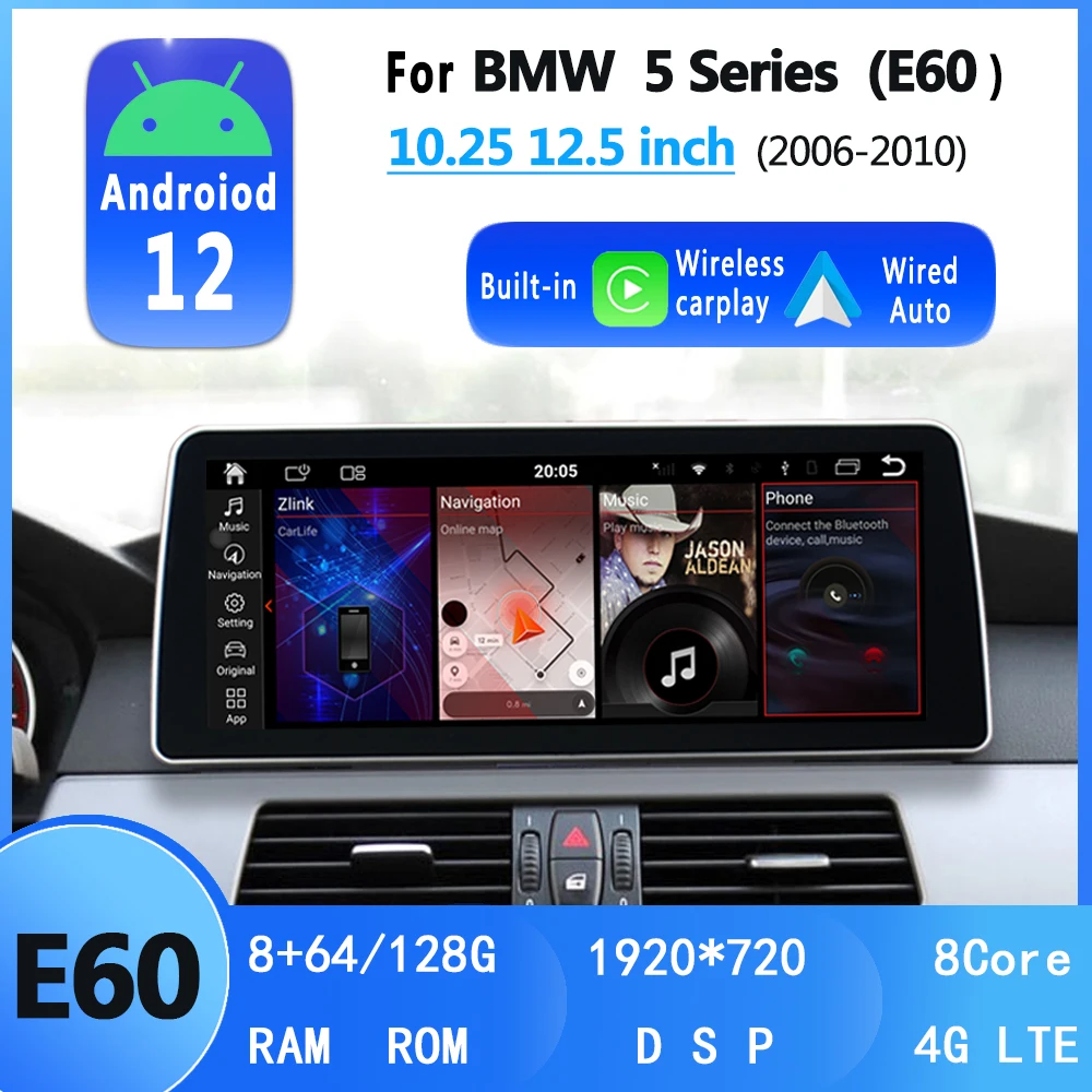 

Android 12 Auto Carplay For BMW 5 Series E60 2007 2008 2009 Car Radio Stereo GPS Navigation Multimedia Player 12.3inch HD Screen