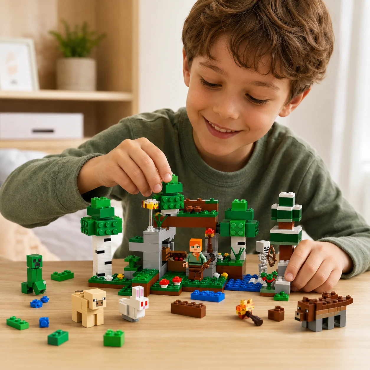 Фото Игровой набор LEGO Minecraft: Приключение в первый разряд, включающий фигурки Алекс, Скелета и Крипера ™ Вудс Волф, Колд Пиг, Албино Кролик, А Би, 301 деталь, 21593 №2