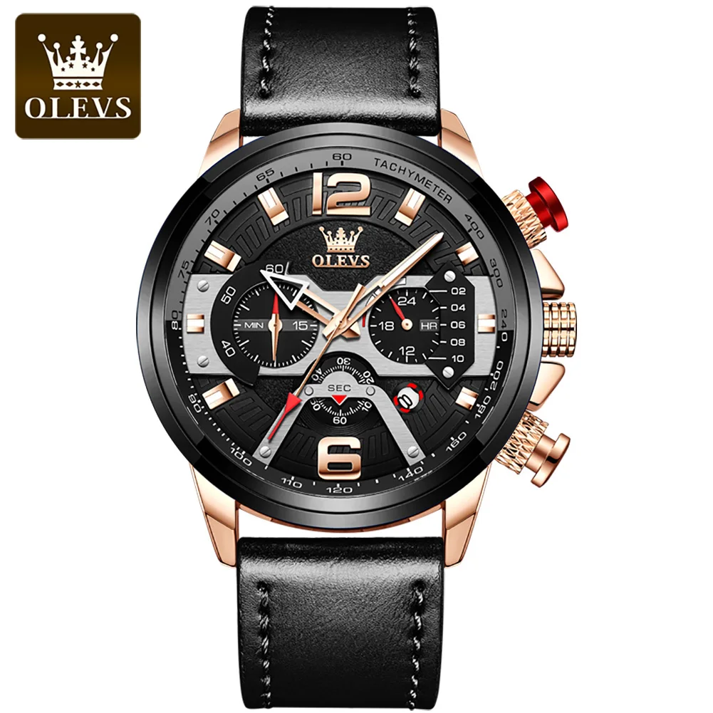 

OLEVS Brand Multifunctional Large Dial Hot Style Fashion Watch for Men Genuine Leather Strap Waterproof Quartz Men Wristwatches