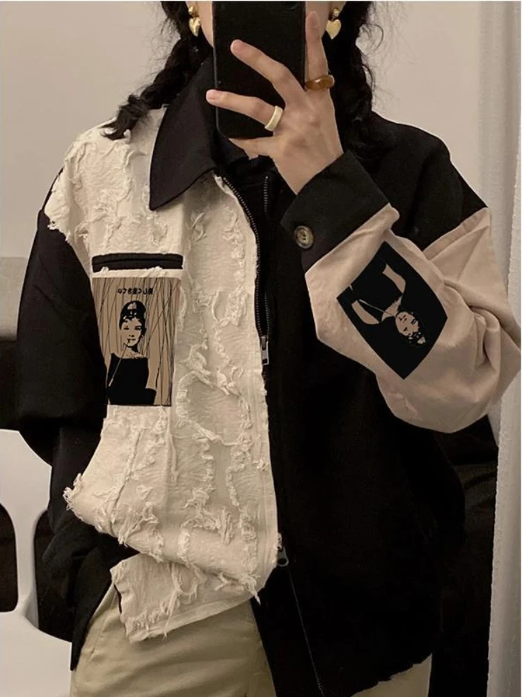 

Korean Fashion Patshwork Jackets Women Contrast Color Print Turn Down Collar Coats Punk Gothic Long Sleeve Casual Loose Tops