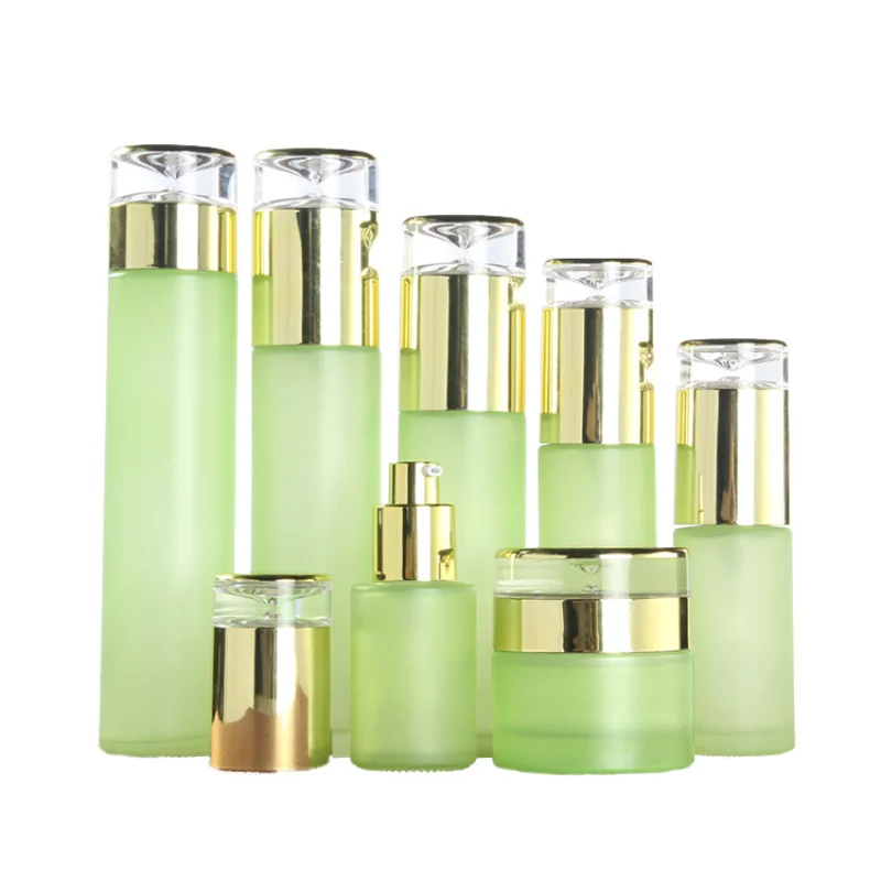 

30g 50g 100ml 120ml Frosted Green Cosmetic Toner Glass Bottle Glass Jar for Skincare Face Cream Lotion Serum Sunscreen Bottle