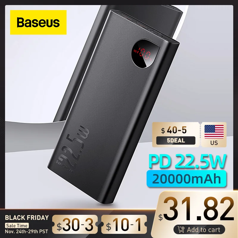 Baseus 22.5W Power Bank 20000mAh Portable Fast Charging Powerbank Type C PD Qucik Charge External Battery Charger For iPhone 14