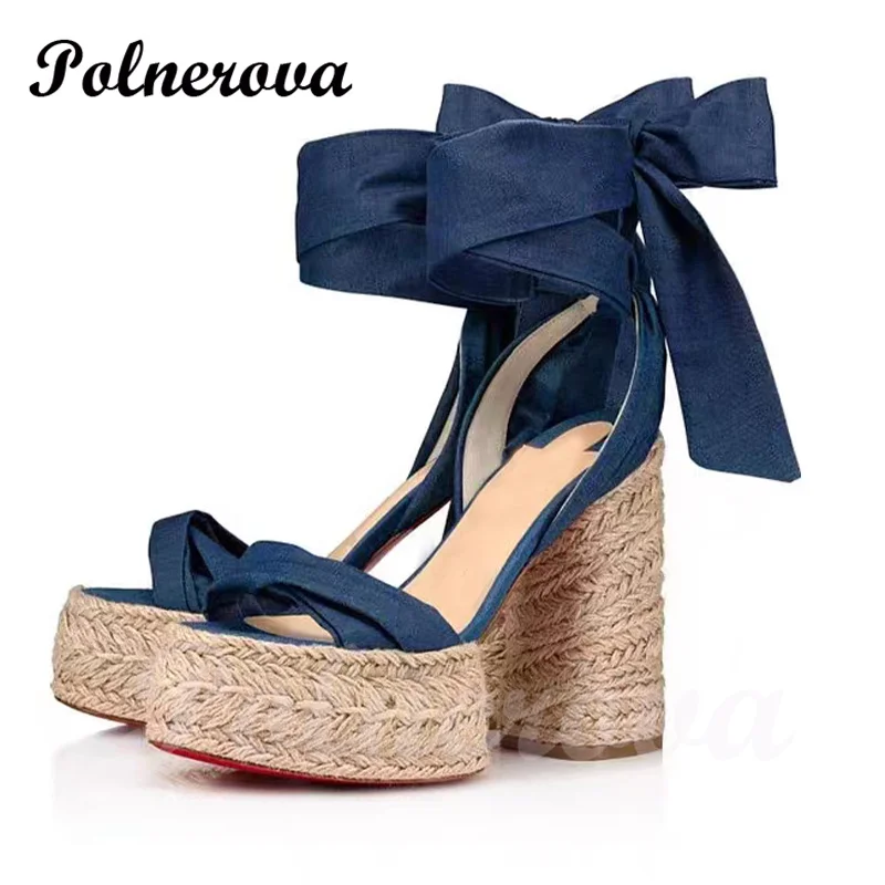 Blue Denim Platform Espadarille Ankle Straps Sandals Riband Slingback Orange Thick Heel Cloth Belt Open Hollow Strap Casual Shoe