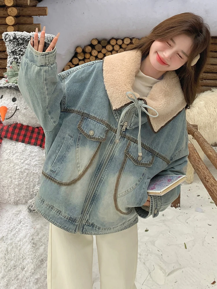 Бархатный джинсовый пуховик из овечьей шерсти с большими лацканами 90 женский