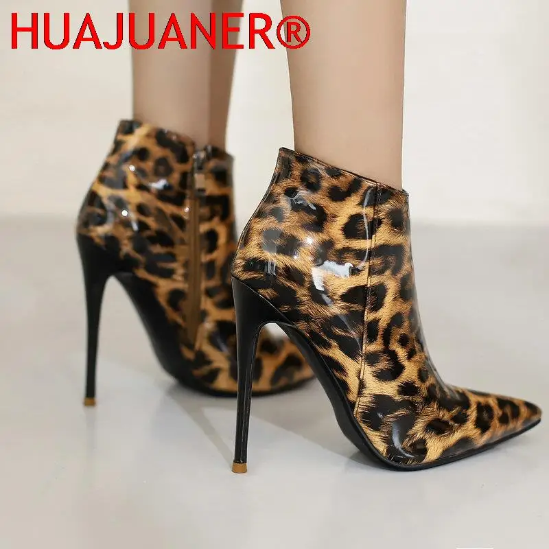 

Sexy Leopard Print Stiletto Ankle Boots Fashion Patent Leather High Heel Women Boots Autumn Winter Woman Shoes Big Size 41 42 43