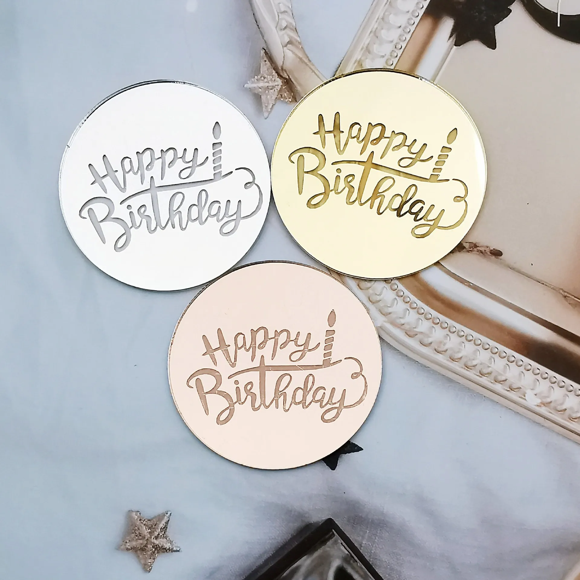 

5pcs Circular Happy Birthday Cake Topper Candle Acrylic Cake Decoration Party Supplies Favors Cupcake Toppers Baby Shower