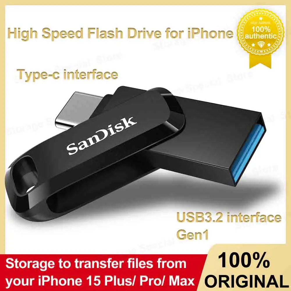 Фото Флэш-накопитель SanDisk Ultra Dual Drive Go Type-C и USB 3.2 Gen1 64 ГБ 128 ГБ 256 ГБ 512 ГБ OTG Pendrive для iPhone 15 Plus/Pro/Max №1