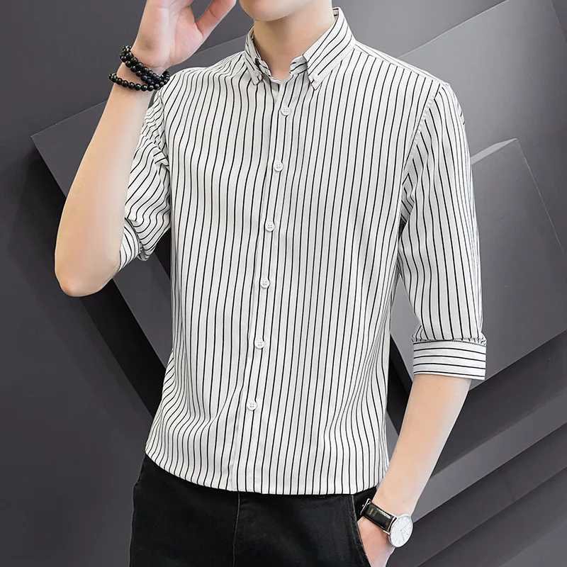 Fashion Men's Shirt Stripe Three Quarter Slim Shirt Men's Clothing Ropa De Hombre Casual Tops T Shirt for Men
