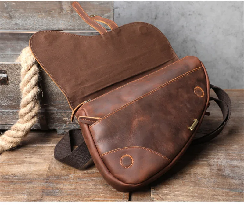 Vintage fashion designer organizer crazy horse cowhide men's chest bag multifunctional genuine leather shoulder bag satchel