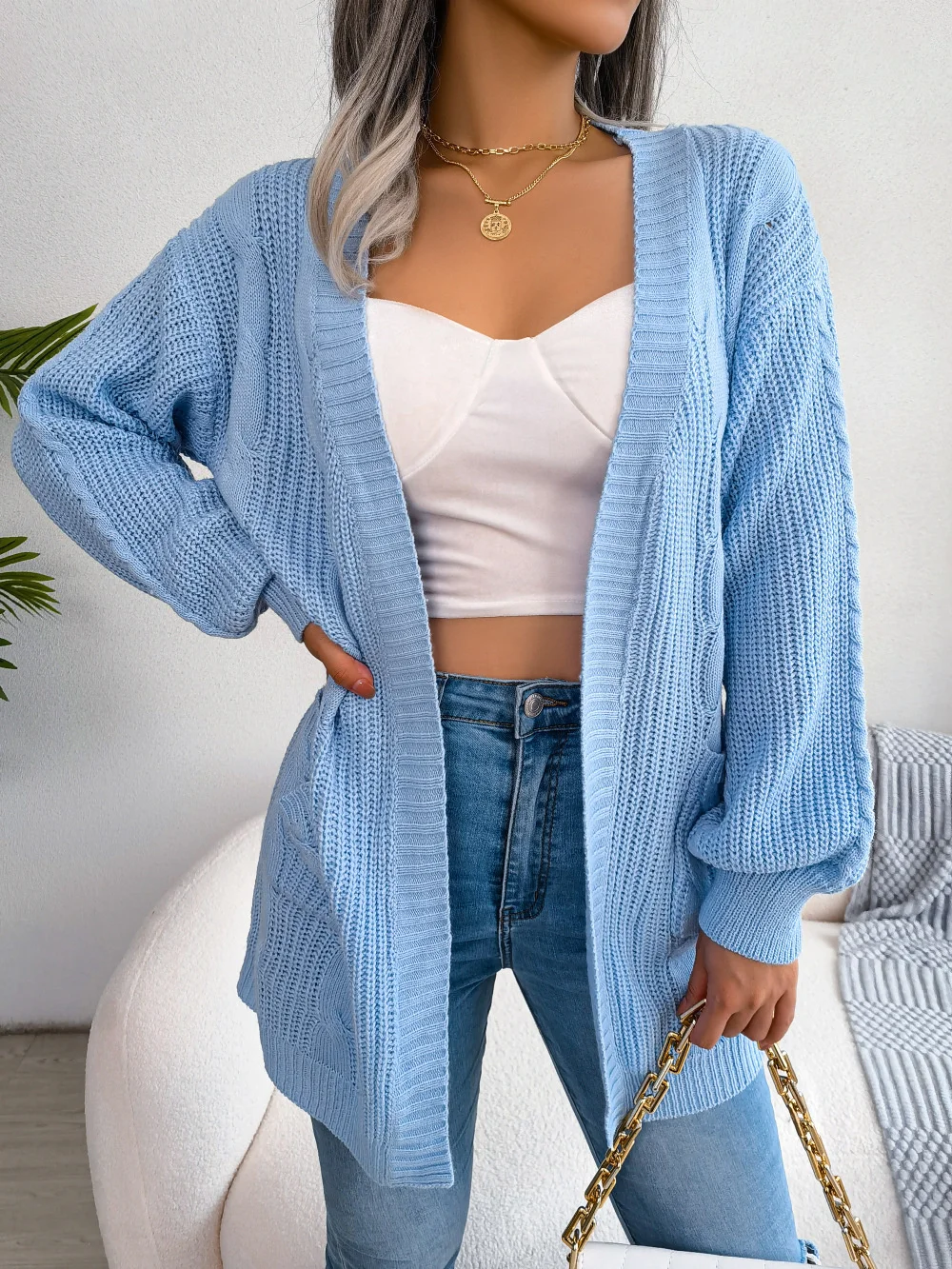 

2023 autumn/winter new elegant casual cardigan,fried dough twist lantern sleeve casual pocket cardigan sweater coat women's wear