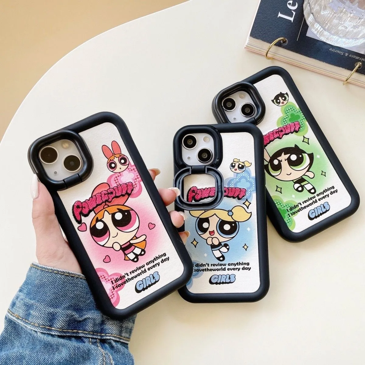 

Cartoon The Powerpuffs Girls Lens holder Phone Case For Iphone 11 12 13 14 Pro Max X Xs Xr Plus SE Soft rubber anti-drop
