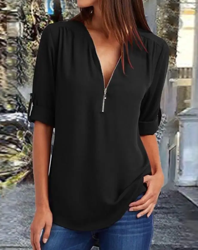 

Roll Up Sleeve Zipper Front Top Casual Blouses 2022 New Fashion Women's Shirt Female Outfits