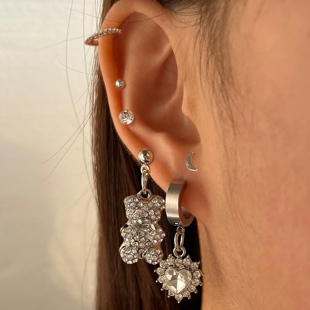 

Fashion Silver Color Stainless Steel Hoop Earrings Set For Women Crystal Bear Heart Ear Buckle Punk Hip Hop Jewelry Accessories