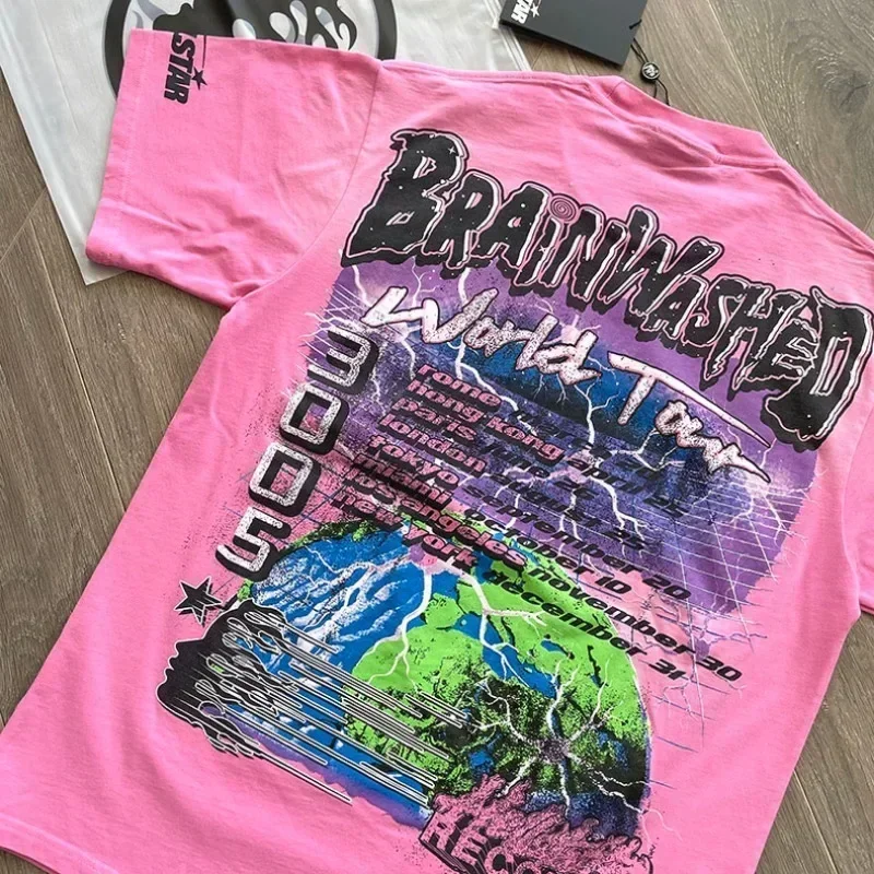 Футболка 2024ss brainwash World Tour для мужчин и женщин футболки оверсайз из чистого хлопка
