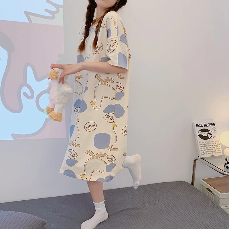 CAIYIER Summer Loose Women Nightdress Short Sleeve Stripe Print Sleepshirts Cute Girls Soft Nightgowns Big Size M-3XL Home Dress