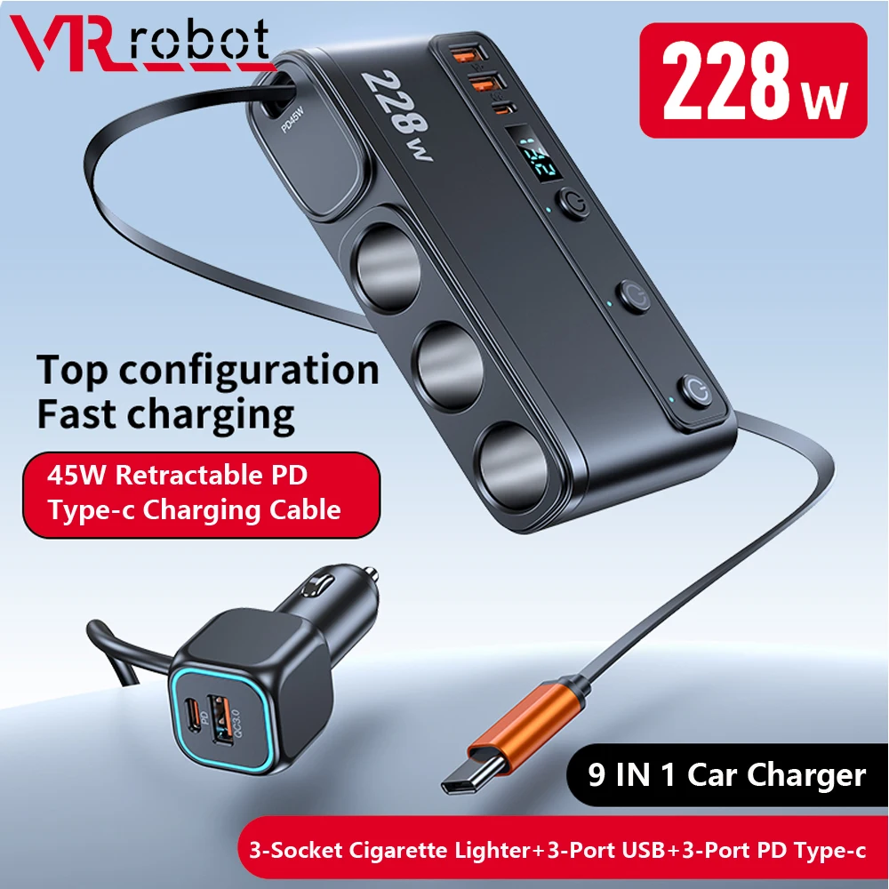 

VR Robot 228 Вт Автомобильное зарядное устройство Адаптер 3-разъемный прикуриватель 3 порта QC3.0 USB-зарядное устройство с растягивающимся PD Type-c Быстрая зарядка