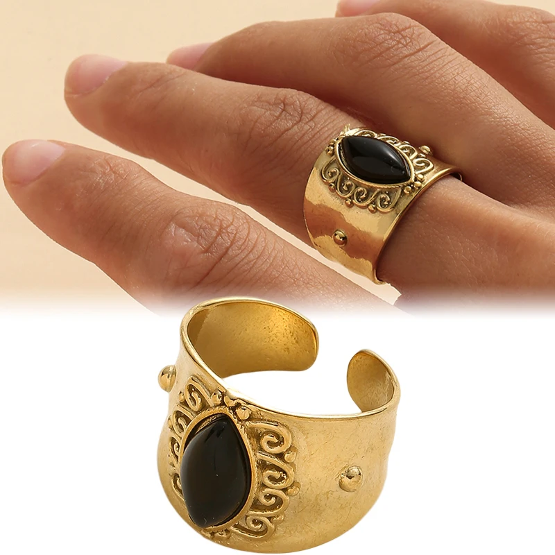 

Bohemian Opening Adjustable Natural Stone Rings for Women Stainless Steel Gold-plate Geometry Jewelry Gift