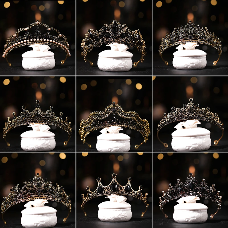 

Baroque Retro Black Luxury Bridal Crystal Tiaras Crowns Princess Queen Pageant Prom Rhinestone Veil Tiara Wedding Hair Accessory