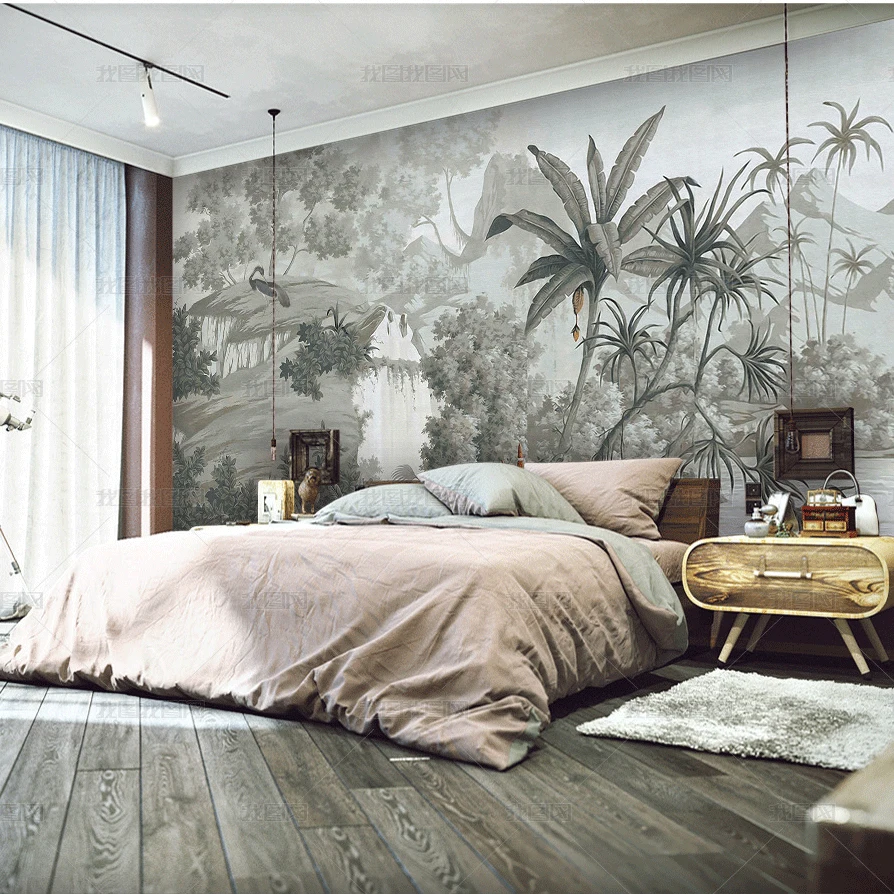 

New Arrival Tropical Plants Mural Wallpaper Mountain Lake Birds Banana Leaf Wallcoverings Lanscape Bedroom Background 3d Sticker