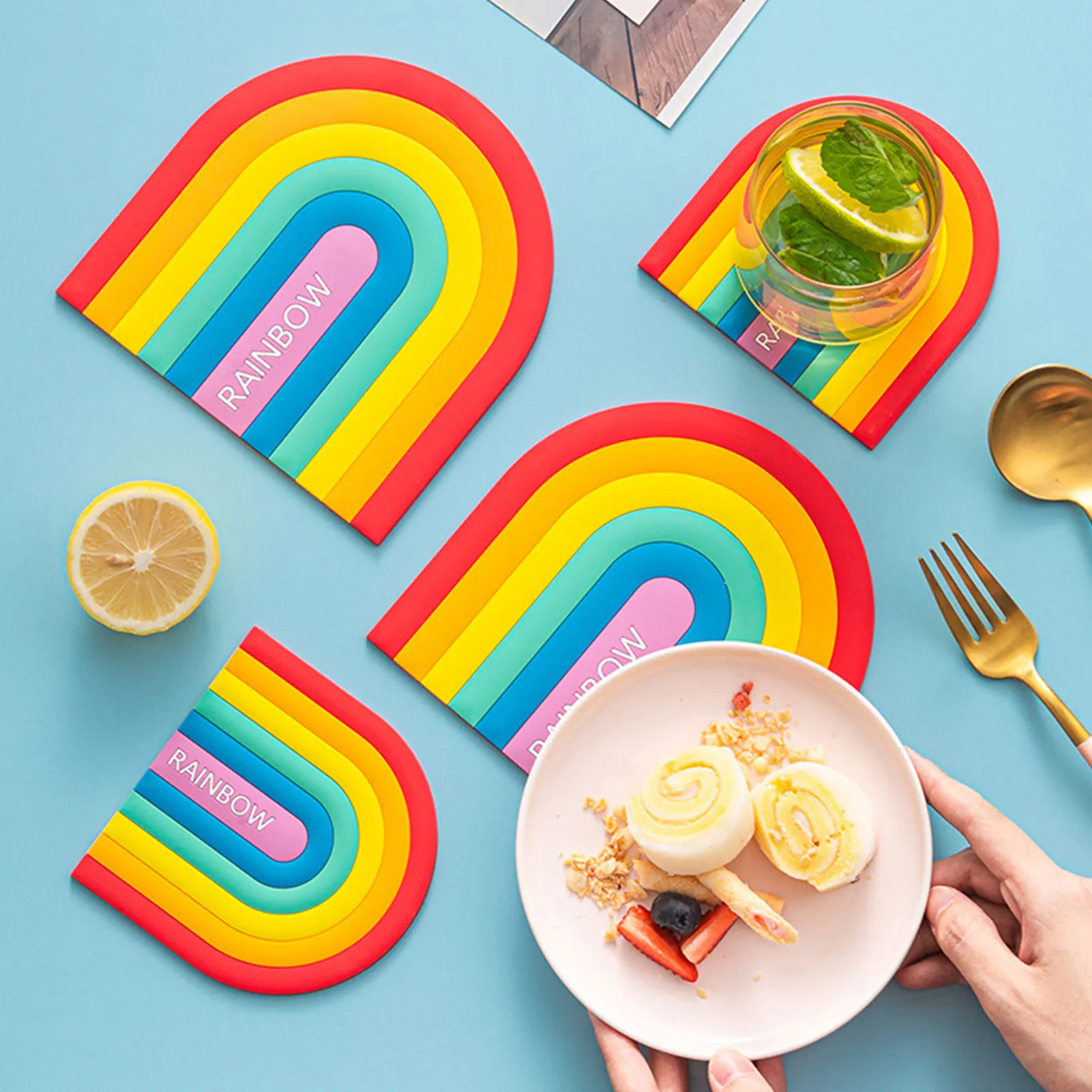 

Dinning Table Placemats Rainbow Thickened Insulation Mat Ins Style Pvc Soft Rubber Coaster Washable Thickened Insulation For