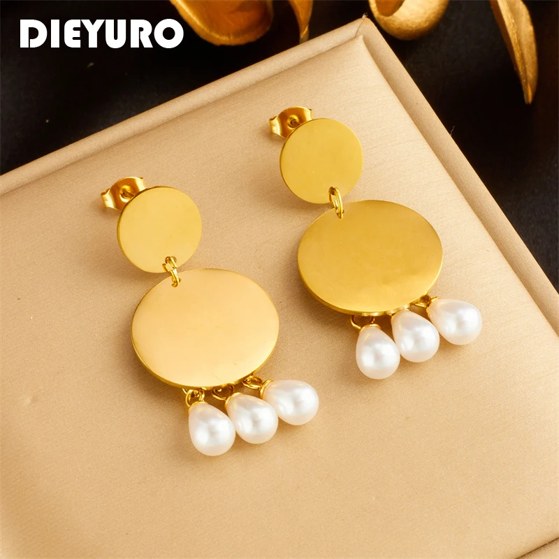 

DIEYURO 316L Stainless Steel Round Pearl Tassel Earrings For Women Girl Luxury Design Jewelry Holiday Gift Party Wedding серьги