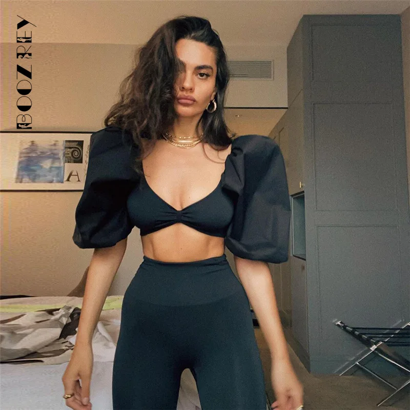 

BoozRey Casual V Neck Short Puff Sleeve Black Skinny Women Mini T Shirt Blouse Tops Sexy Summer 2022 Y2K Fashion Basic Tees Club