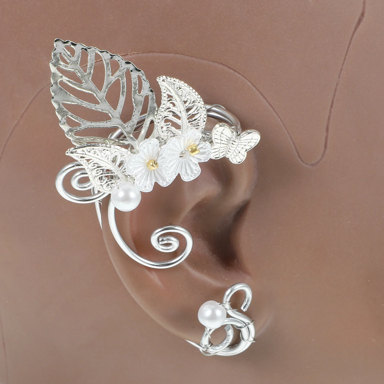 

1 Pair Flower Elf Ear Cuffs Pearl Non-pierced Clip Earrings Fairy Elf Ears Jewelry