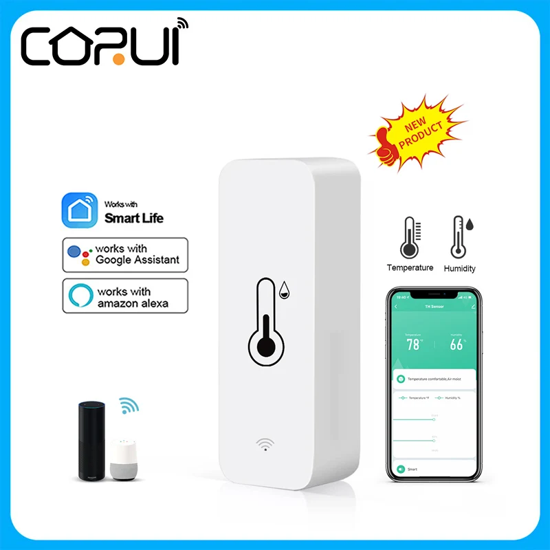 

CoRui Wifi Tuya датчик температуры датчик влажности Интеллектуальная связь Голосовое управление Alexa и Google Home Smart Share устройства