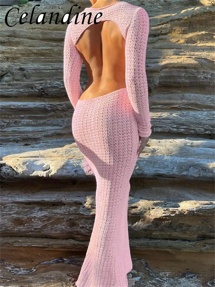 

Celandine Elegant Long Sleeve Knitted Crochet Sweater Dress 2023 Summer Fall Women Maxi Sexy Evening Beach Backless Dresses