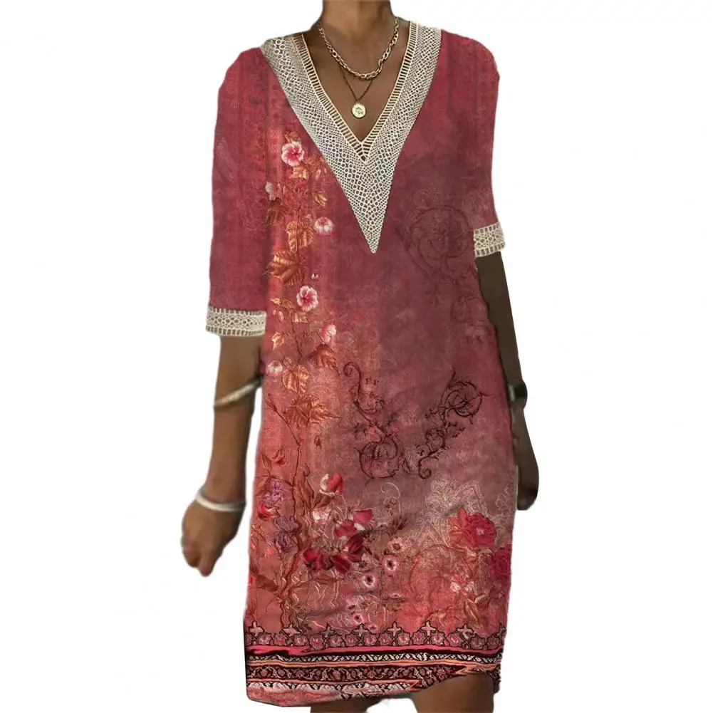 

Женское винтажное платье до колен, платье с цветочным принтом, V-образным вырезом, кружевом и полурукавом, в стиле пэчворк, лето