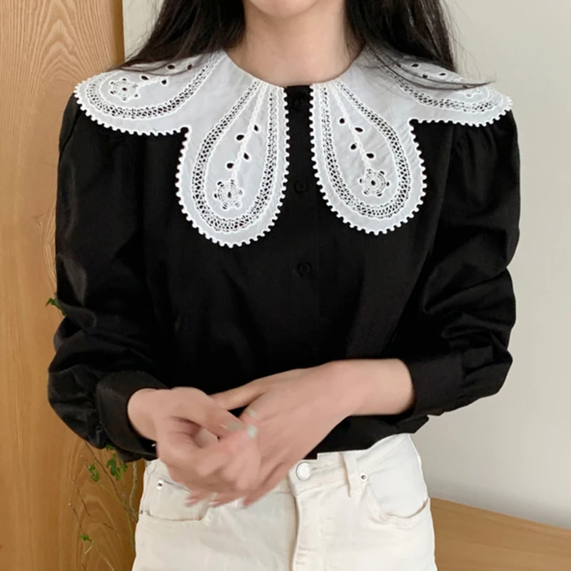

QNPQYX Women Shirts Korean Hook Hollow-out Peter Pan Collar Blouse Causal Puff Long Sleeve Female Shirt Spring Blusas Feminimos