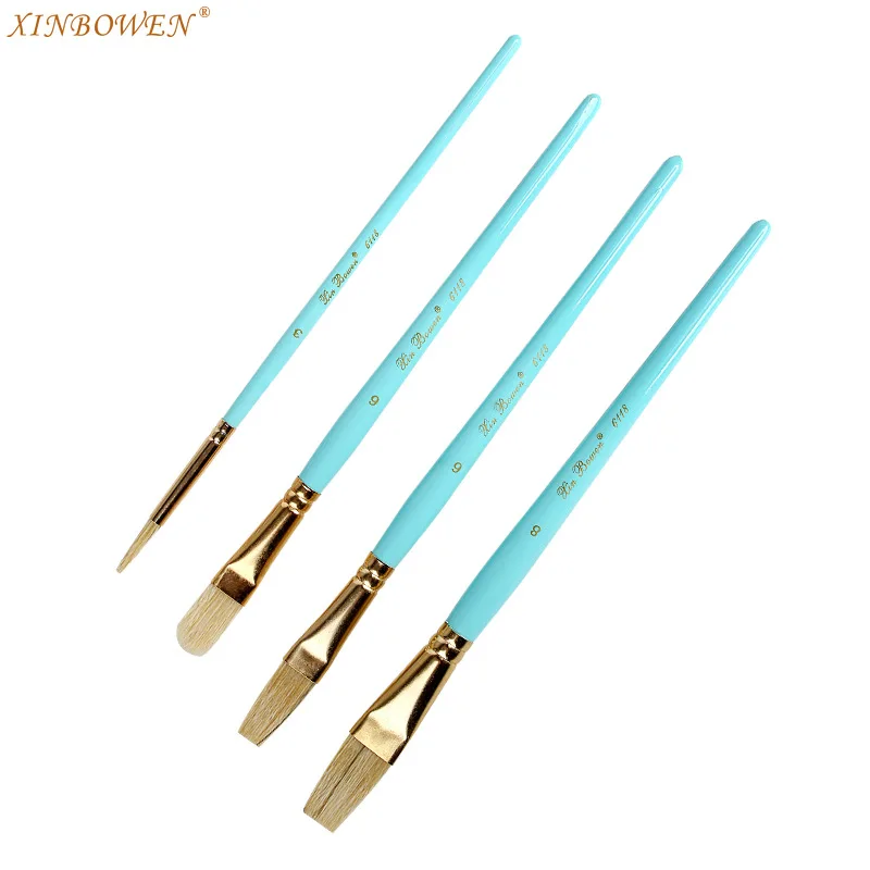 

Небесно-голубая деревянная щетинка для масляной краски, позолоченная алюминиевая трубка, 4 смешанных головки, набор кистей для рисования, и...